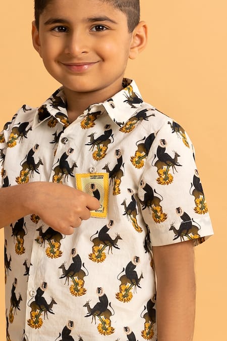 Shop_Ankid_Ivory Cotton Printed Monkey Postal Stamp Shirt_Online_at_Aza_Fashions