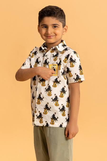 Ankid_Ivory Cotton Printed Monkey Postal Stamp Shirt_at_Aza_Fashions