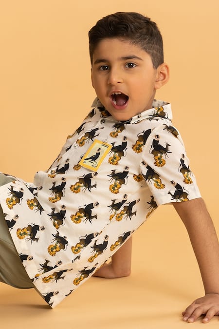 Buy_Ankid_Ivory Cotton Printed Monkey Postal Stamp Shirt