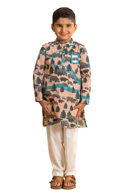 Ankid Pink Cotton Printed Rhinoceros Kurta And Pyjama Set Online at Aza Fashions Ankid_Pink Cotton Printed Rhinoceros Kurta And Pyjama Set_Online_at_Aza_Fashions