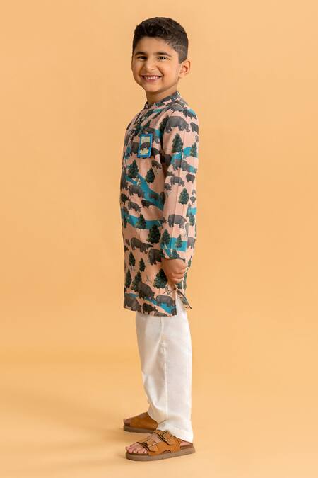 Shop Ankid Pink Cotton Printed Rhinoceros Kurta And Pyjama Set Online at Aza Fashions Shop_Ankid_Pink Cotton Printed Rhinoceros Kurta And Pyjama Set_Online_at_Aza_Fashions