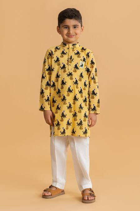 Ankid Yellow Cotton Printed Monkey Straight Kurta And Pyjama Set 