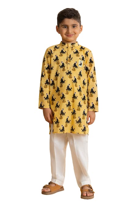 Ankid_Yellow Cotton Printed Monkey Straight Kurta And Pyjama Set_Online_at_Aza_Fashions