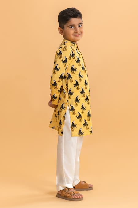 Shop_Ankid_Yellow Cotton Printed Monkey Straight Kurta And Pyjama Set_Online_at_Aza_Fashions