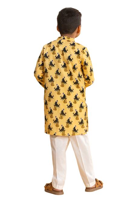 Ankid_Yellow Cotton Printed Monkey Straight Kurta And Pyjama Set_at_Aza_Fashions