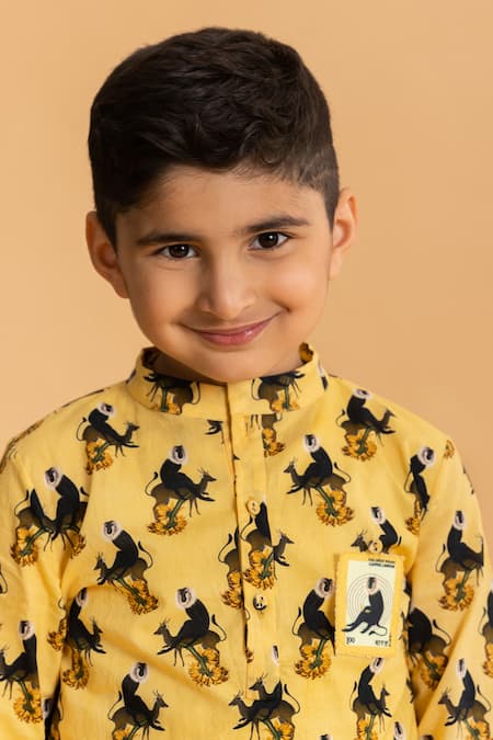 Shop_Ankid_Yellow Cotton Printed Monkey Straight Kurta And Pyjama Set