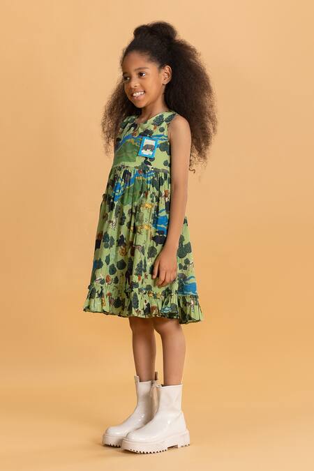 Ankid_Green Cotton Printed Animal Ruffle Dress_at_Aza_Fashions