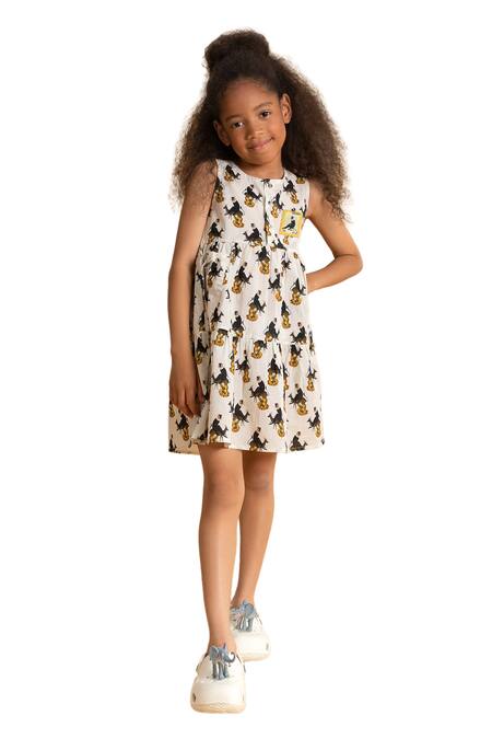 Ankid_Ivory Cotton Printed Monkey Tiered Dress_Online_at_Aza_Fashions
