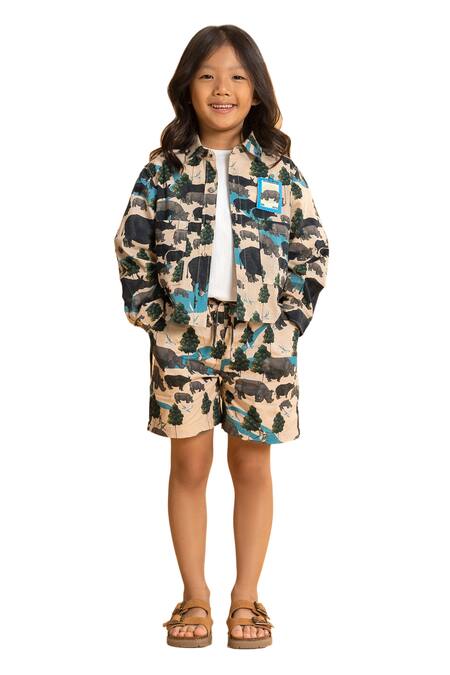 Ankid_Beige Cotton Printed Rhinoceros Shacket And Bermuda Shorts_Online_at_Aza_Fashions