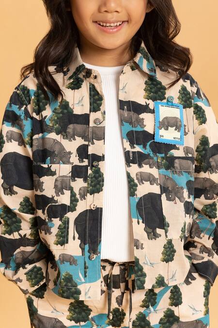 Buy_Ankid_Beige Cotton Printed Rhinoceros Shacket And Bermuda Shorts_Online_at_Aza_Fashions
