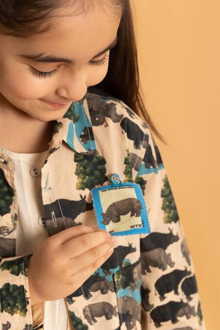 Ankid_Beige Cotton Printed Rhinoceros Shacket_Online_at_Aza_Fashions