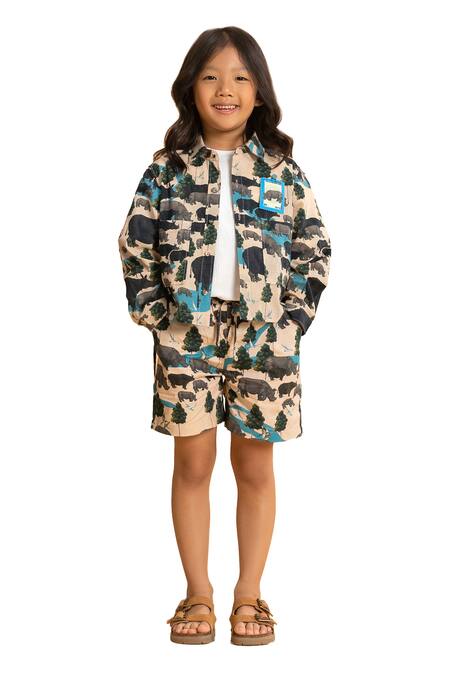Ankid_Beige Cotton Printed Rhinoceros Shacket_at_Aza_Fashions