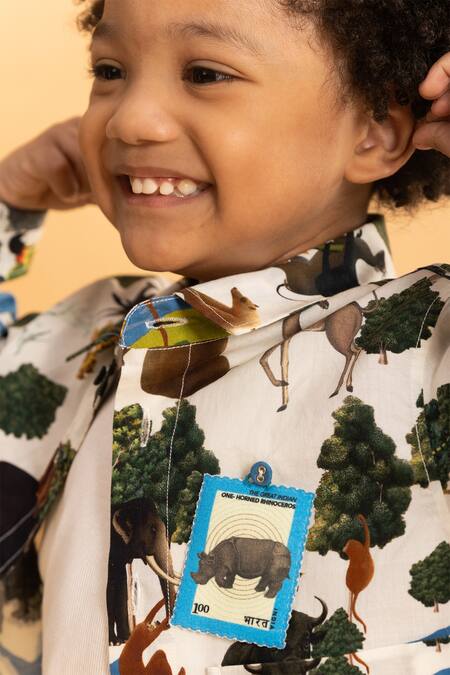 Shop_Ankid_Ivory Cotton Printed Rhinoceros Shacket_Online_at_Aza_Fashions