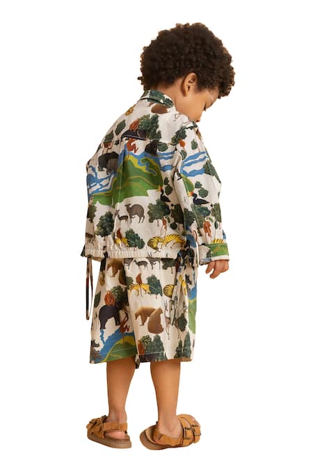 Ankid Ivory Cotton Brooches Rhinoceros Print Shacket And Shorts Set at Aza Fashions Ankid_Ivory Cotton Brooches Rhinoceros Print Shacket And Shorts Set_at_Aza_Fashions