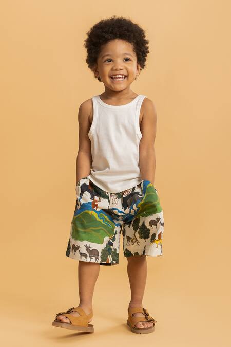 Shop Ankid Ivory Cotton Brooches Rhinoceros Print Shacket And Shorts Set Shop_Ankid_Ivory Cotton Brooches Rhinoceros Print Shacket And Shorts Set