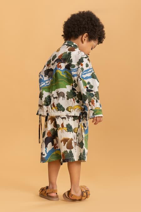 Shop Ankid Ivory Cotton Brooches Rhinoceros Print Shacket And Shorts Set at Aza Fashions Shop_Ankid_Ivory Cotton Brooches Rhinoceros Print Shacket And Shorts Set_at_Aza_Fashions