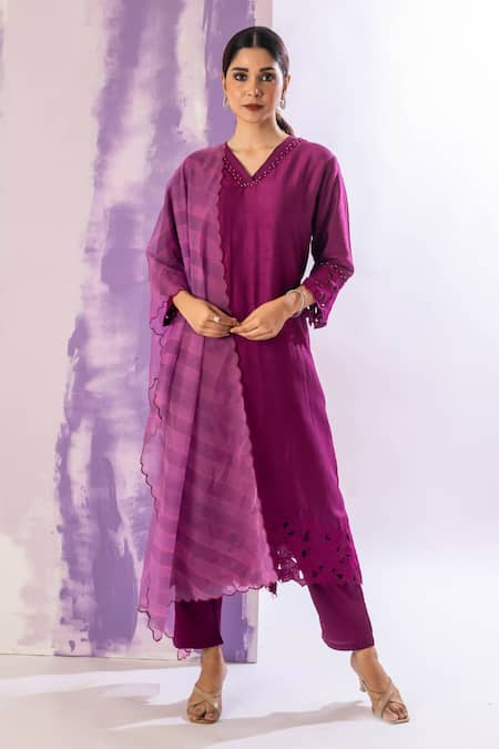 AMETHYST Magenta Bamber Silk Embellished Bead V Neck Neckline Straight Kurta Set