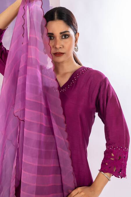 Amethyst_Magenta Bamboo, Silk, Cotton, Organza Embellished Neckline Straight Kurta Set_Online_at_Aza_Fashions