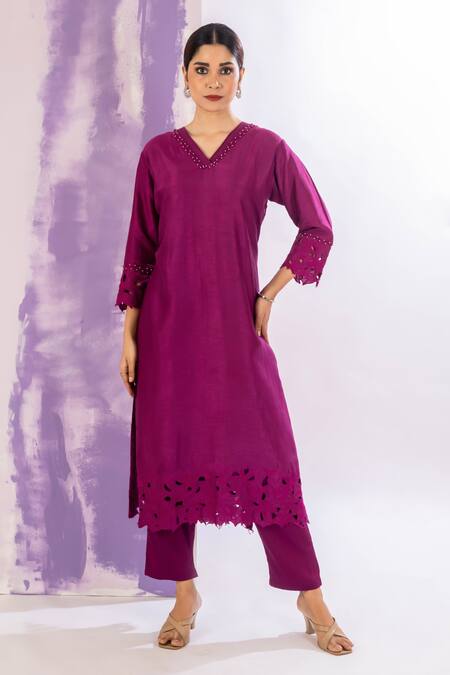Amethyst_Magenta Bamboo, Silk, Cotton, Organza Embellished Neckline Straight Kurta Set_at_Aza_Fashions