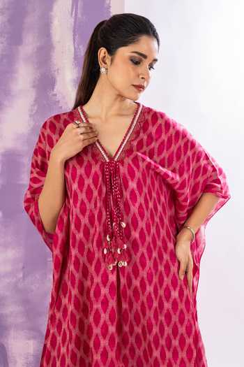 Amethyst_Pink Modal, Satin Beads, Tassels V-neck Asymmetric Jali Motif Kaftan With Dhoti_Online_at_Aza_Fashions