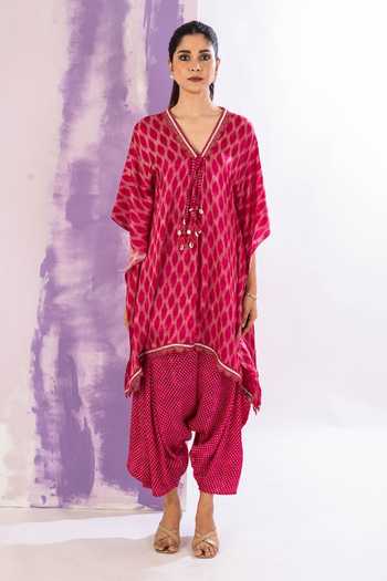 Buy_Amethyst_Pink Modal, Satin Beads, Tassels V-neck Asymmetric Jali Motif Kaftan With Dhoti_Online_at_Aza_Fashions
