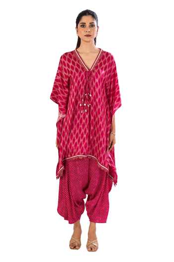 Shop_Amethyst_Pink Modal, Satin Beads, Tassels V-neck Asymmetric Jali Motif Kaftan With Dhoti_Online_at_Aza_Fashions