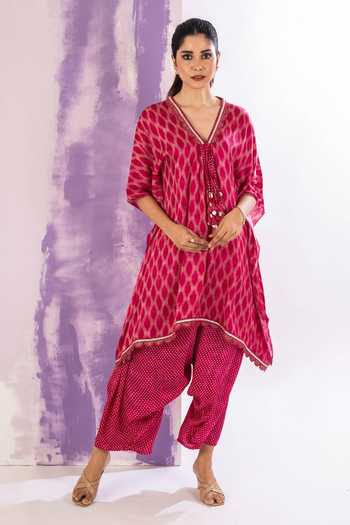 Amethyst_Pink Modal, Satin Beads, Tassels V-neck Asymmetric Jali Motif Kaftan With Dhoti_at_Aza_Fashions