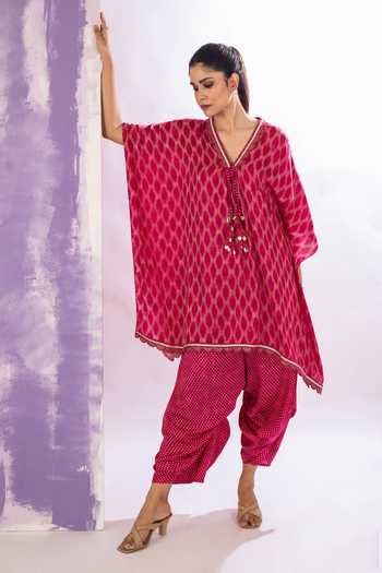 Buy_Amethyst_Pink Modal, Satin Beads, Tassels V-neck Asymmetric Jali Motif Kaftan With Dhoti