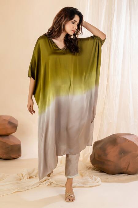 Shop Amethyst Green Modal, Satin, Bamboo Beads, Sequins Embellished Ombre Kaftan Pant Set at Aza Fashions Shop_Amethyst_Green Modal, Satin, Bamboo Beads, Sequins Embellished Ombre Kaftan Pant Set_at_Aza_Fashions