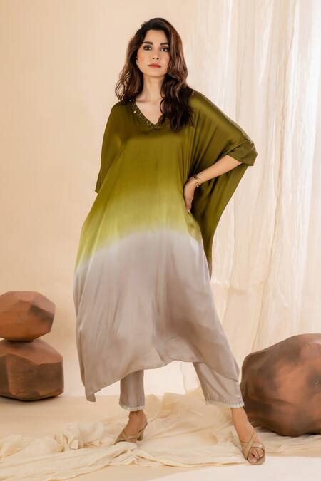 Amethyst Green Modal, Satin, Bamboo Beads, Sequins Embellished Ombre Kaftan Pant Set Online at Aza Fashions Amethyst_Green Modal, Satin, Bamboo Beads, Sequins Embellished Ombre Kaftan Pant Set_Online_at_Aza_Fashions