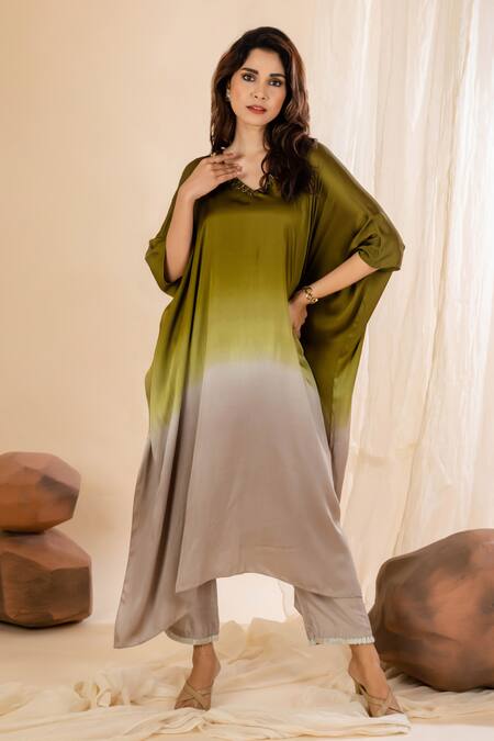 Buy Amethyst Green Modal, Satin, Bamboo Beads, Sequins Embellished Ombre Kaftan Pant Set Online at Aza Fashions Buy_Amethyst_Green Modal, Satin, Bamboo Beads, Sequins Embellished Ombre Kaftan Pant Set_Online_at_Aza_Fashions