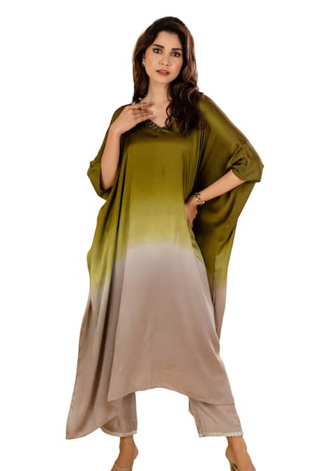 Shop Amethyst Green Modal, Satin, Bamboo Beads, Sequins Embellished Ombre Kaftan Pant Set Online at Aza Fashions Shop_Amethyst_Green Modal, Satin, Bamboo Beads, Sequins Embellished Ombre Kaftan Pant Set_Online_at_Aza_Fashions