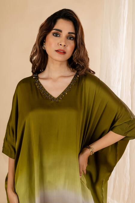 Buy Amethyst Green Modal, Satin, Bamboo Beads, Sequins Embellished Ombre Kaftan Pant Set Buy_Amethyst_Green Modal, Satin, Bamboo Beads, Sequins Embellished Ombre Kaftan Pant Set