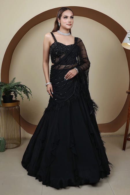 Lasha Black Tulle Net Hand Embroidered Sequins Ruffled Lehenga Saree With Corset 