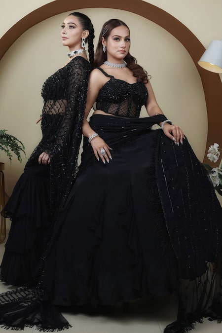 Lasha_Black Crepe, Tulle Cut Work, Ruffled Lehenga Saree With Embroidered Corset _Online_at_Aza_Fashions