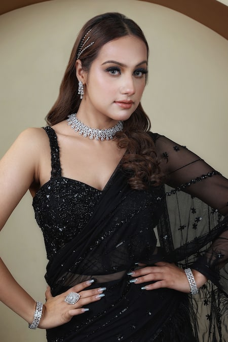 Buy_Lasha_Black Crepe, Tulle Cut Work, Ruffled Lehenga Saree With Embroidered Corset _Online_at_Aza_Fashions