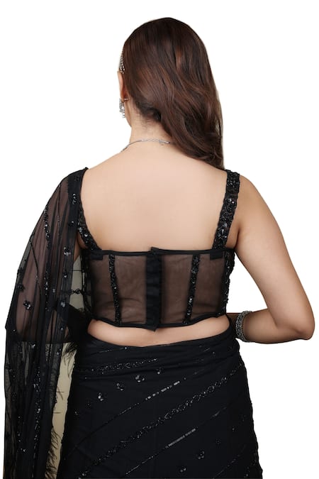 Lasha_Black Crepe, Tulle Cut Work, Ruffled Lehenga Saree With Embroidered Corset _at_Aza_Fashions