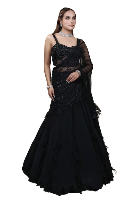 Shop_Lasha_Black Crepe, Tulle Cut Work, Ruffled Lehenga Saree With Embroidered Corset 
