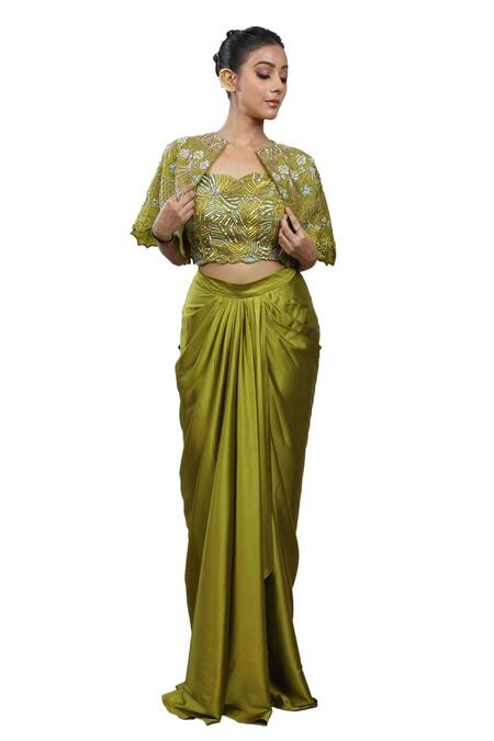 Lasha Green Satin, Organza Sequins Sweetheart Hand Embroidered Cape And Draped Skirt Set Online at Aza Fashions Lasha_Green Satin, Organza Sequins Sweetheart Hand Embroidered Cape And Draped Skirt Set _Online_at_Aza_Fashions