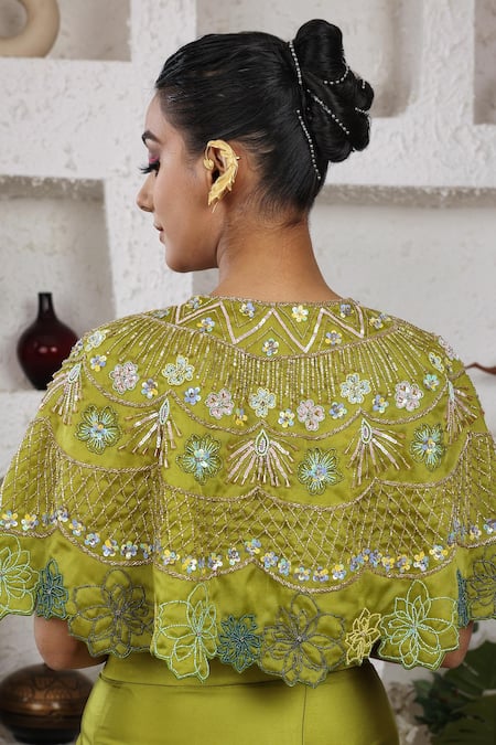 Lasha Green Satin, Organza Sequins Sweetheart Hand Embroidered Cape And Draped Skirt Set at Aza Fashions Lasha_Green Satin, Organza Sequins Sweetheart Hand Embroidered Cape And Draped Skirt Set _at_Aza_Fashions