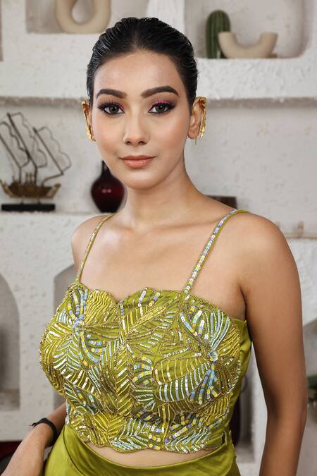 Buy Lasha Green Satin, Organza Sequins Sweetheart Hand Embroidered Cape And Draped Skirt Set Buy_Lasha_Green Satin, Organza Sequins Sweetheart Hand Embroidered Cape And Draped Skirt Set