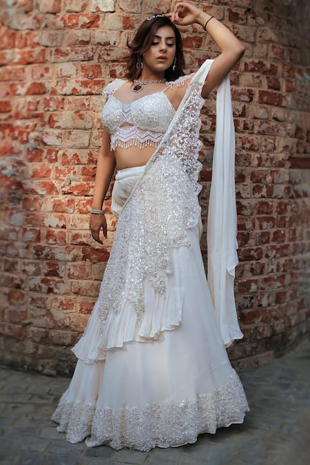 Lasha_Ivory Net, Georgette Cut Work, Sequins, Pearls Layered Lehenga Saree With Blouse _Online_at_Aza_Fashions