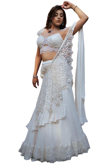 Buy_Lasha_Ivory Net, Georgette Cut Work, Sequins, Pearls Layered Lehenga Saree With Blouse _Online_at_Aza_Fashions