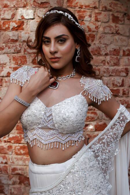 Shop_Lasha_Ivory Net, Georgette Cut Work, Sequins, Pearls Layered Lehenga Saree With Blouse _Online_at_Aza_Fashions