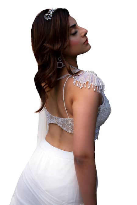 Lasha_Ivory Net, Georgette Cut Work, Sequins, Pearls Layered Lehenga Saree With Blouse _at_Aza_Fashions