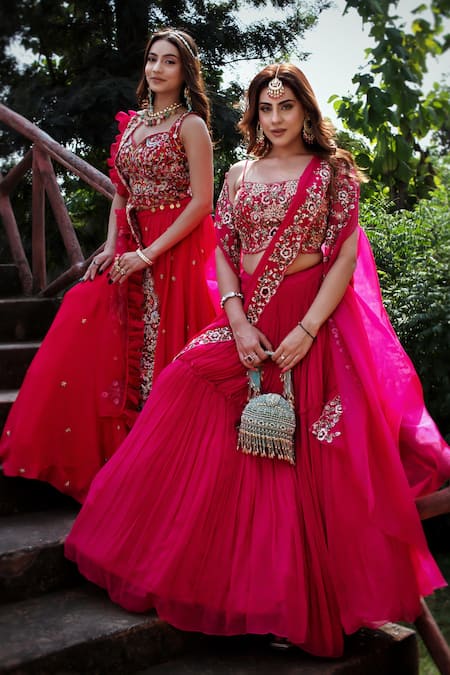 Lasha_Pink Organza, Georgette Sequins, Embroidery, Cut Work Floral Cape Lehenga Set _Online_at_Aza_Fashions
