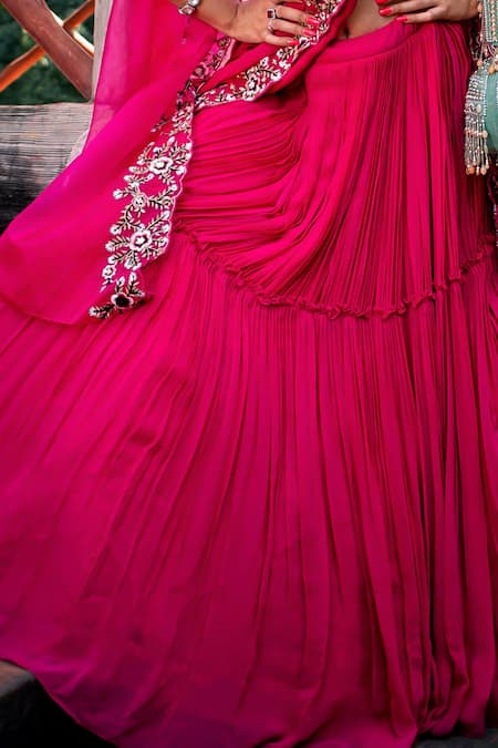 Buy_Lasha_Pink Organza, Georgette Sequins, Embroidery, Cut Work Floral Cape Lehenga Set _Online_at_Aza_Fashions