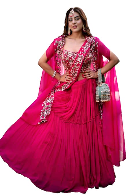 Shop_Lasha_Pink Organza, Georgette Sequins, Embroidery, Cut Work Floral Cape Lehenga Set _Online_at_Aza_Fashions