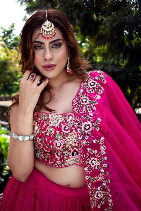 Lasha_Pink Organza, Georgette Sequins, Embroidery, Cut Work Floral Cape Lehenga Set _at_Aza_Fashions