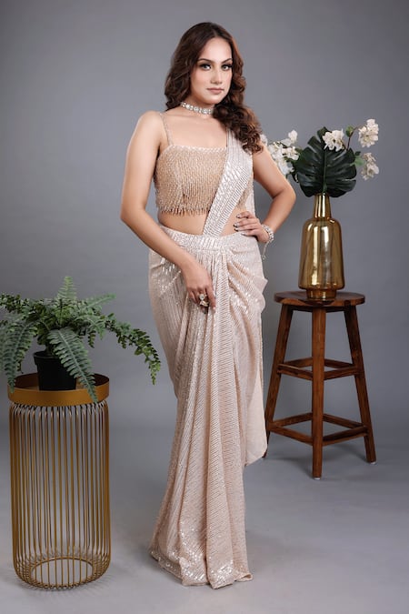 Buy_Lasha_Beige Net, Lycra Crystals, Sequins Square Neck Pre-draped Saree With Blouse _Online_at_Aza_Fashions